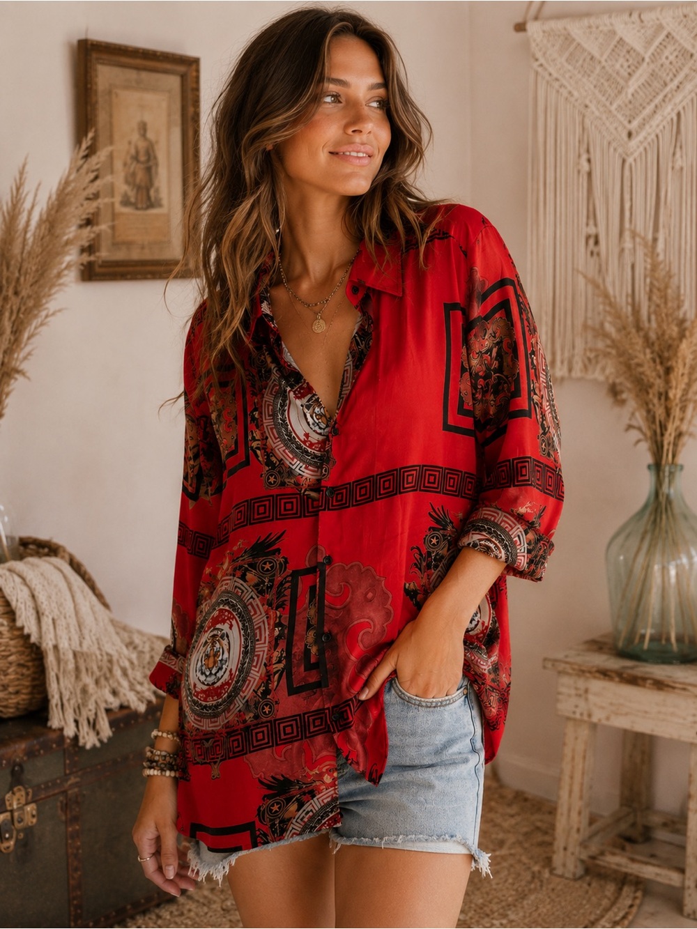 Red Tiger Printed Button-Down Shirt - Boho Medallion Print